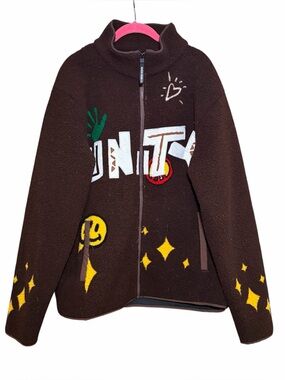 Reason Clothing Unity Sherpa Zip Up Jacket Brown Men’s Large Graffiti Streetwear